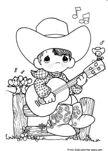 Precious moments boy playing guitar cowboy coloring pages