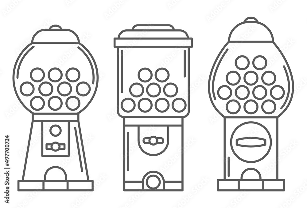 Gumball machine line icon set retro vending dispenser for candies and bubblegums sweets slot vector illustration isolated on white background vector
