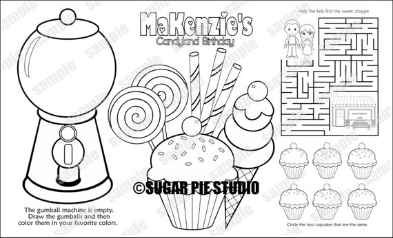 Personalized sweet shoppe candy shop coloring page birthday party favor colouring activity sheet personalized printable template