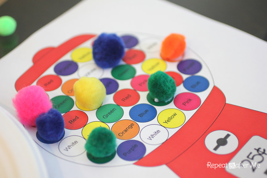 Gumball machine color matching with craft pom poms