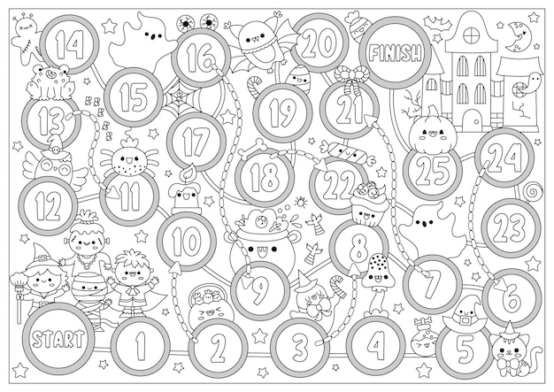 Premium vector halloween black and white board game for children with haunted house and cute kawaii children autumn holiday party boardgame with witch ghost printable activity or coloring page