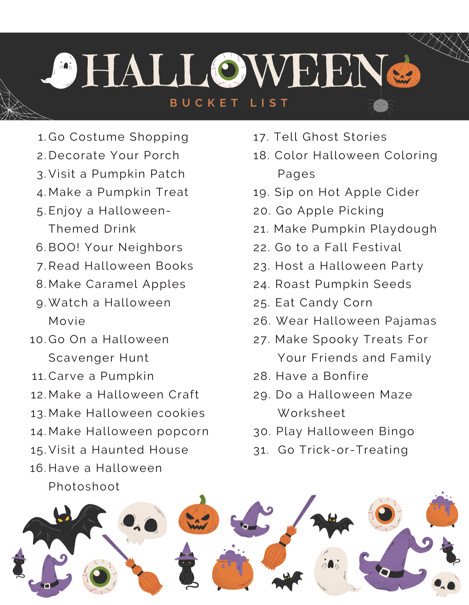 Free kids halloween fun bucket list activities printable â