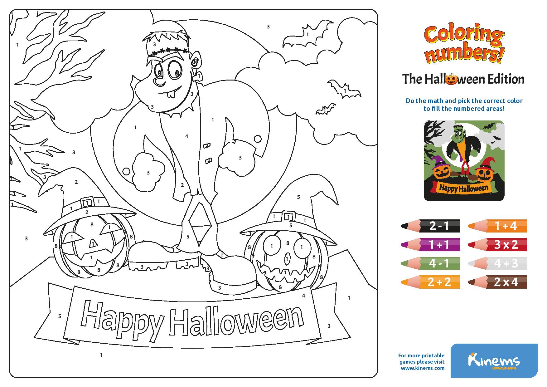 Halloween coloring numbers printable educational board game