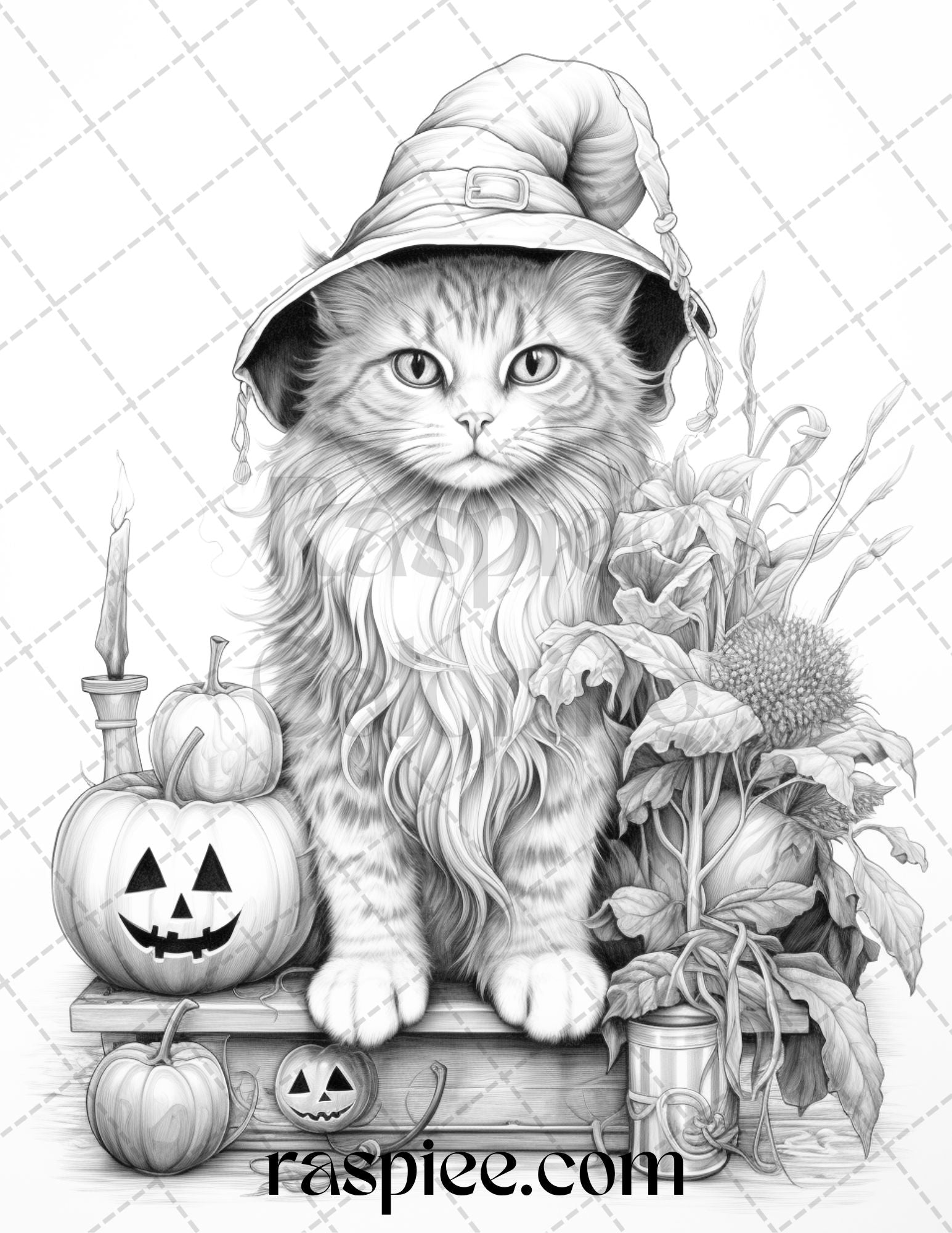 Halloween witch cat grayscale coloring pages printable for adults â coloring