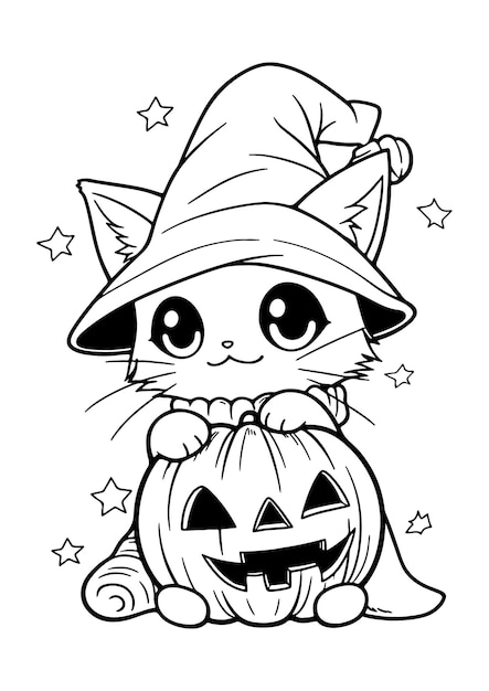 Premium vector halloween cat coloring page for kids printable