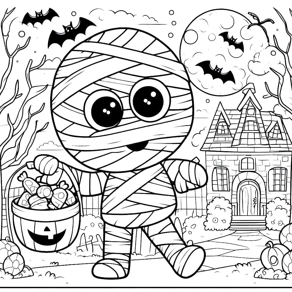 Cute mummy on halloween coloring page