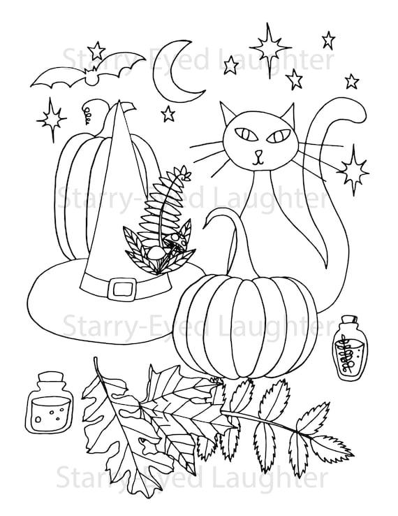 Printable halloween coloring page cat pumpkin and witch coloring page pdf file