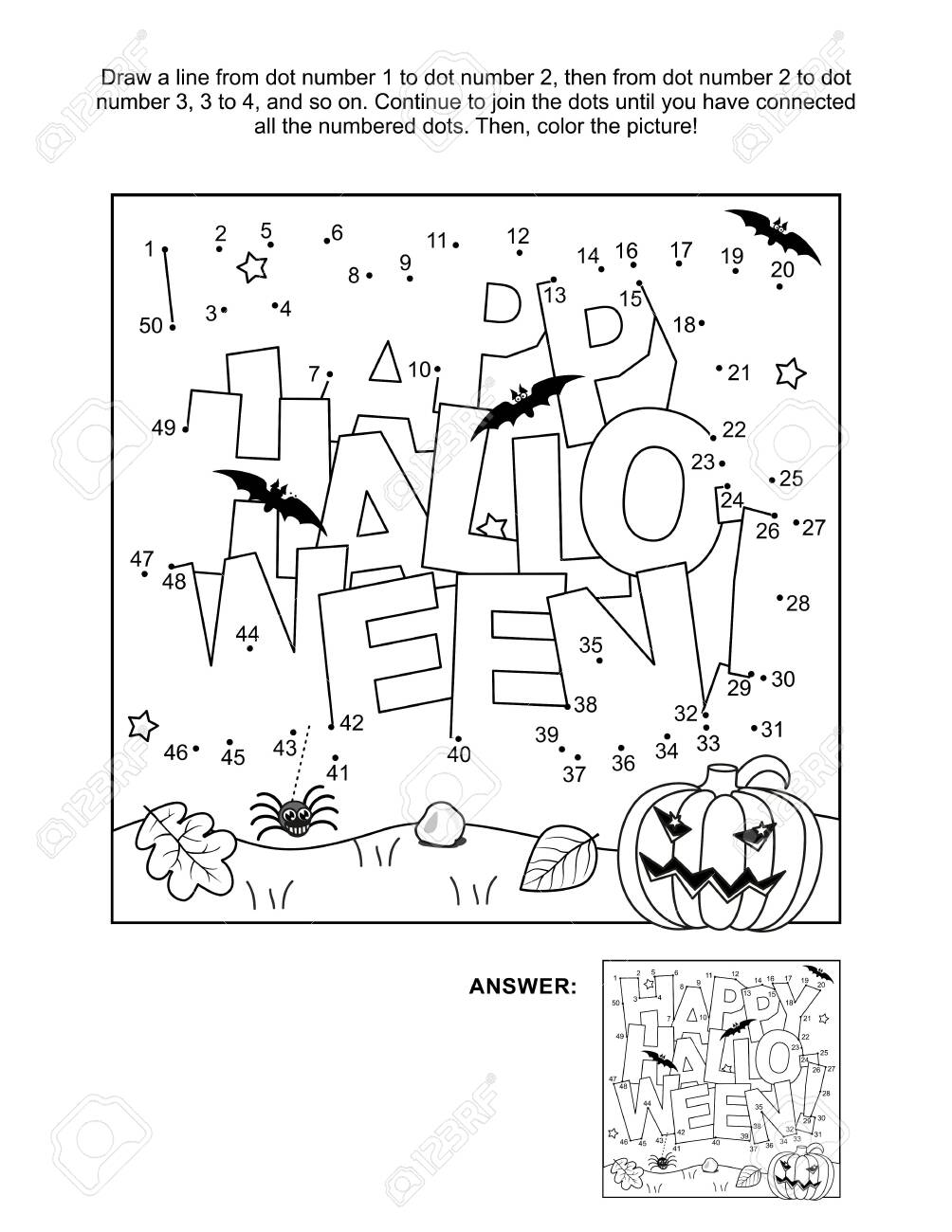 Greeting text happy halloween connect the dots puzzle and coloring page activity sheet for kids numbers from to answer included royalty free svg cliparts vectors and stock illustration image