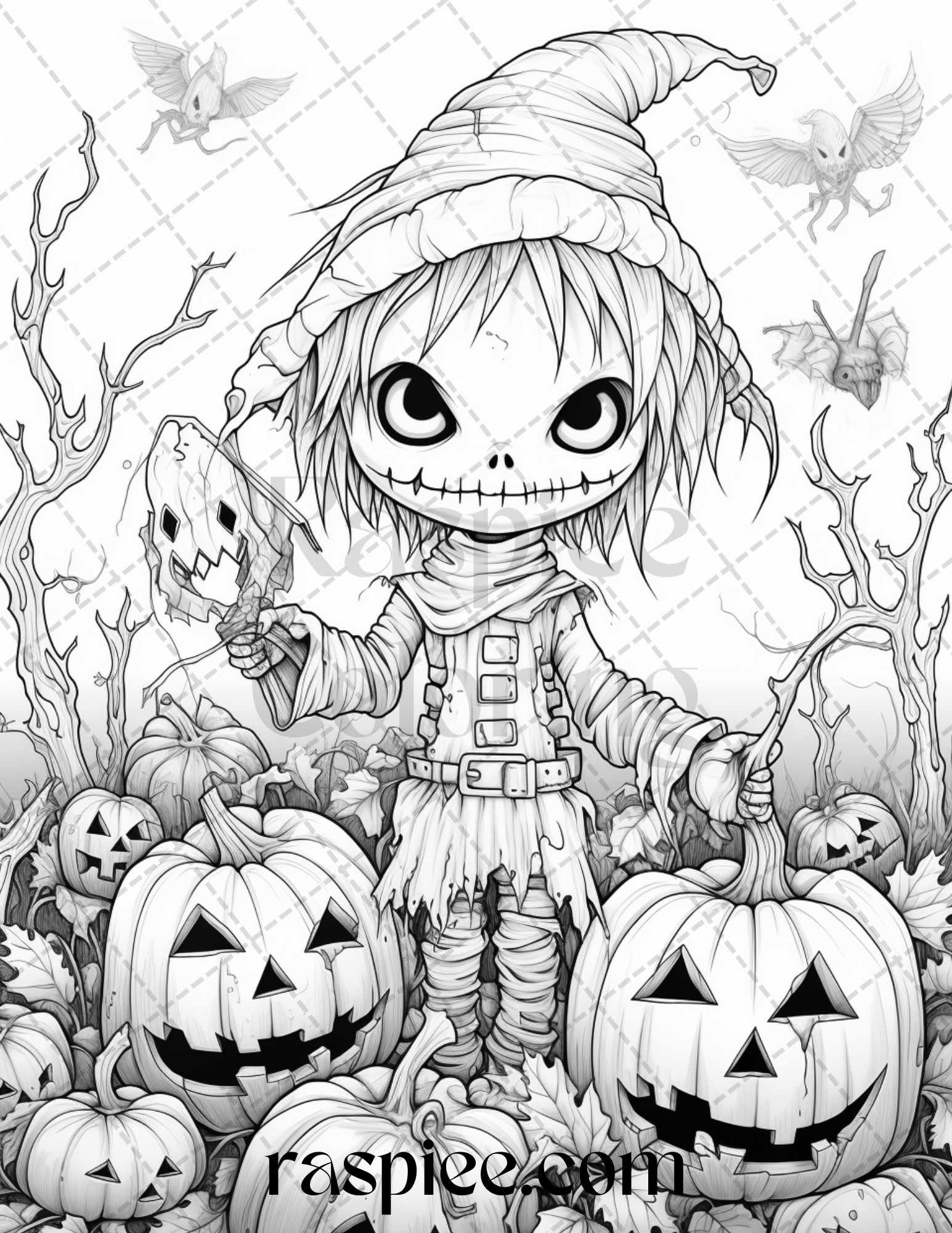 Halloween scarecrows grayscale coloring pages printable for adults â coloring