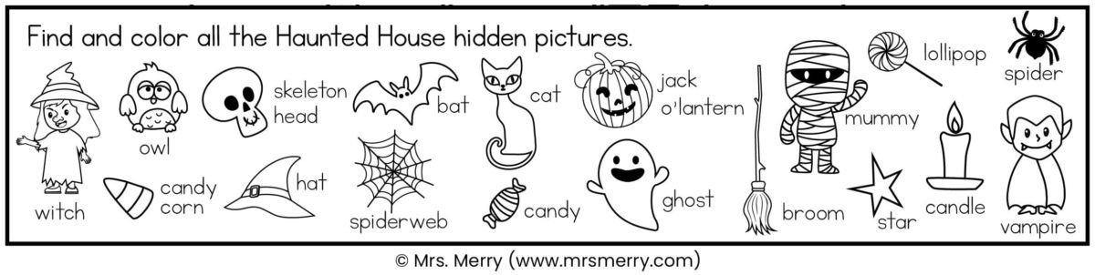 Seek and find haunted house printable puzzle mrs merry