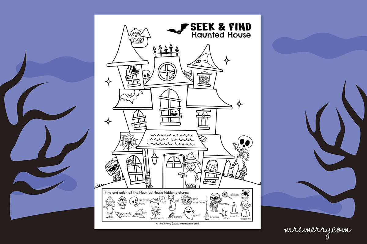 Seek and find haunted house printable puzzle mrs merry