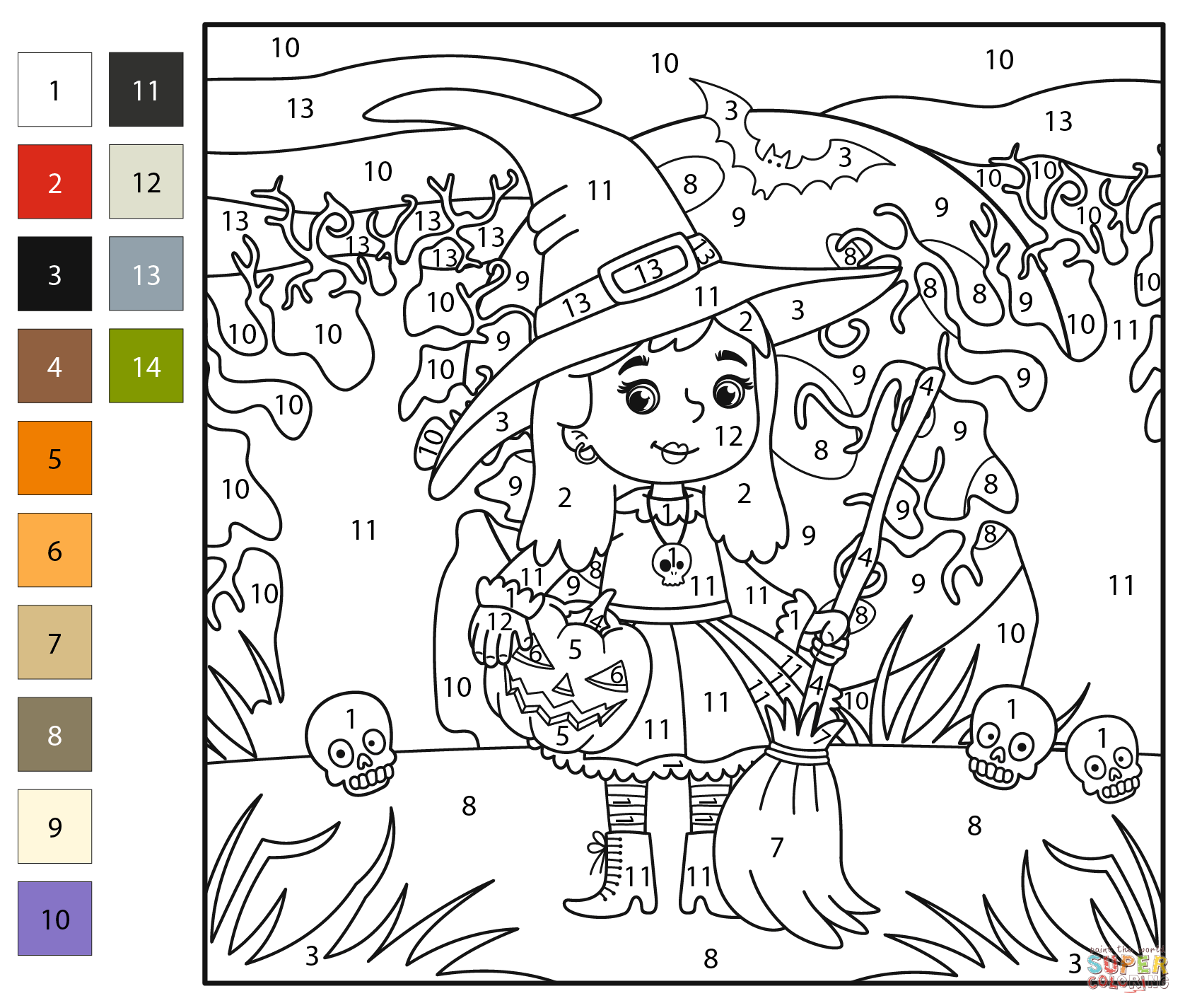 Witch color by number free printable coloring pages