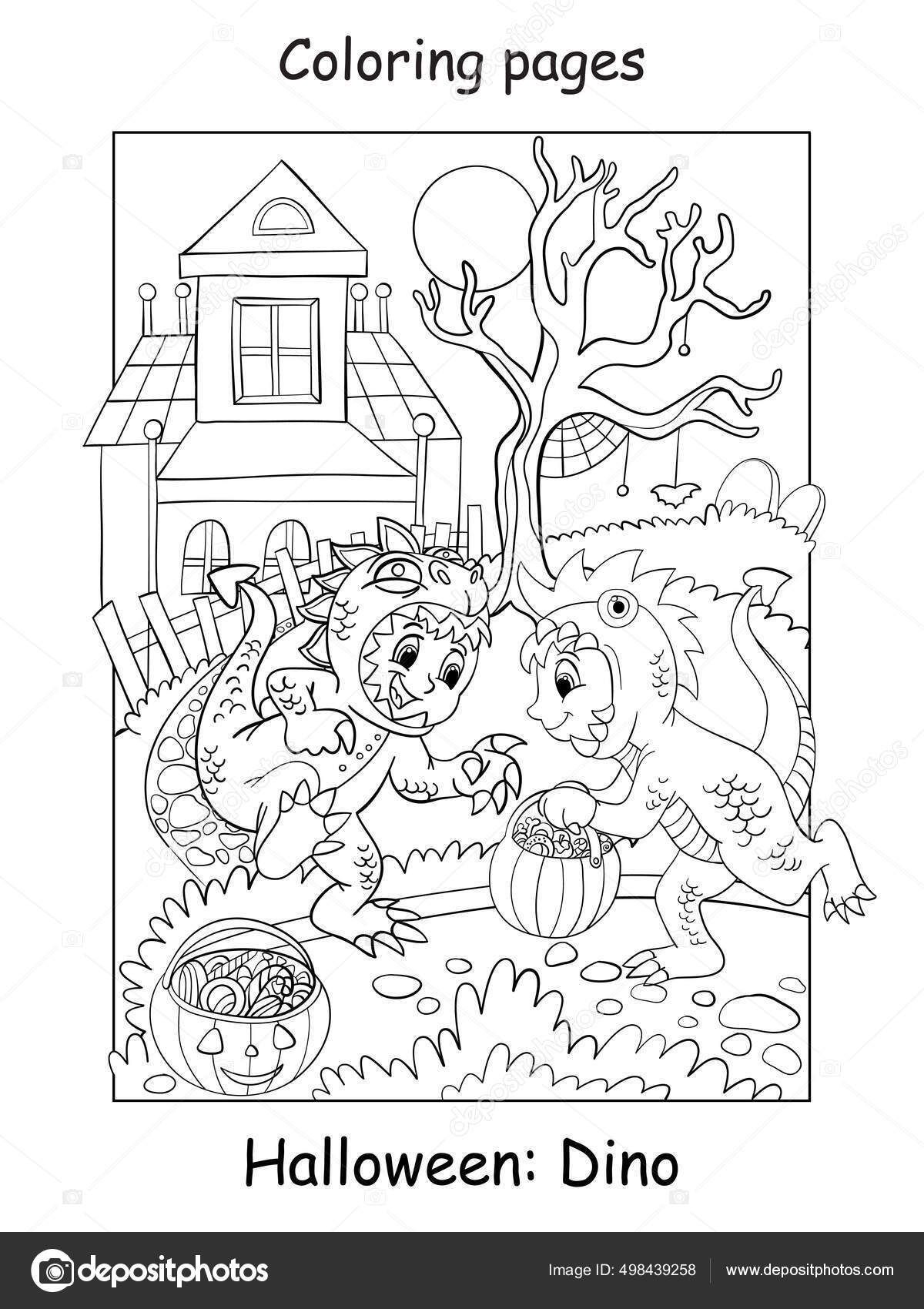 Vector coloring pages funny boys dinosaur costume halloween concept cartoon stock vector by alinart