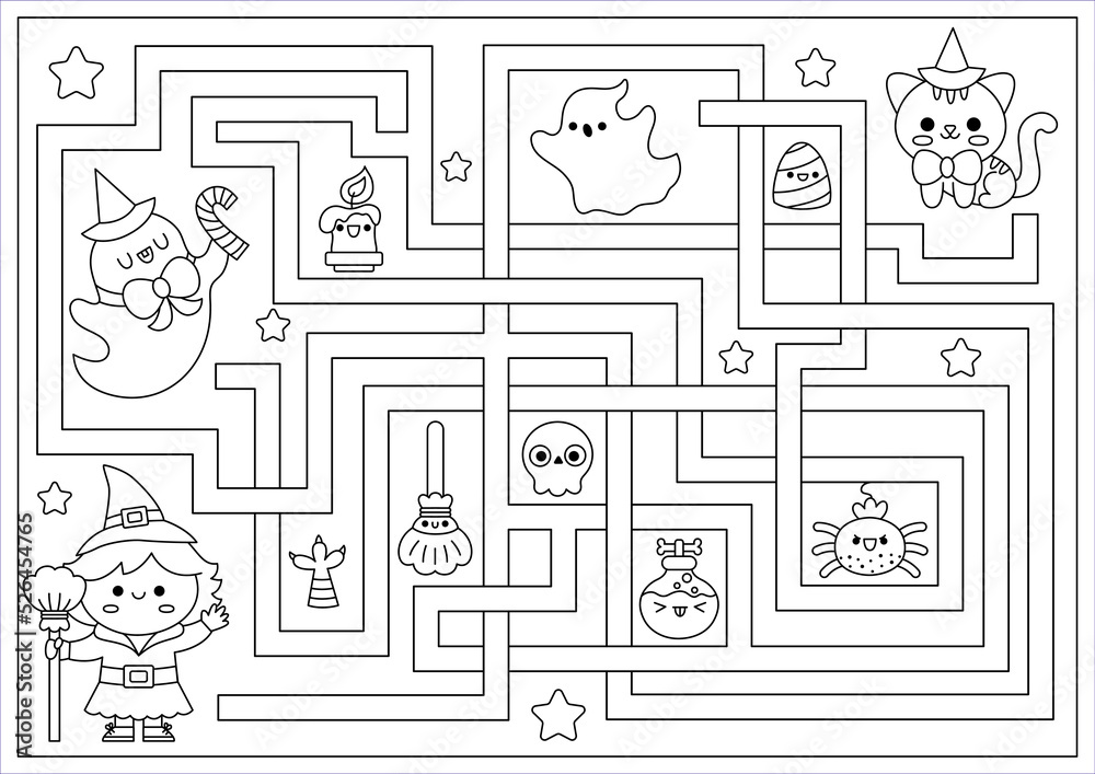 Halloween black and white maze for kids autumn holiday line preschool printable activity with cute kawaii witch cat ghost scary labyrinth coloring page with cute characters vector