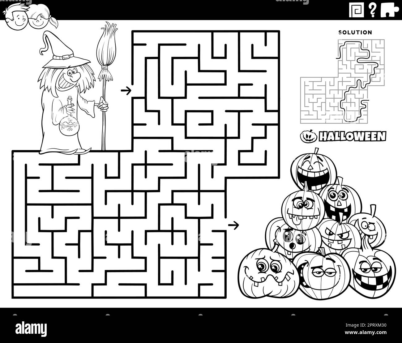 Maze with cartoon witch on halloween time coloring page stock vector image art