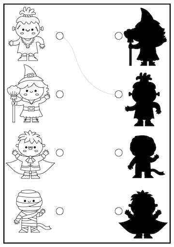 Premium vector halloween black and white shadow matching activity autumn holiday puzzle with cute kawaii witch vampire find correct silhouette printable worksheet all saints day coloring page for kids