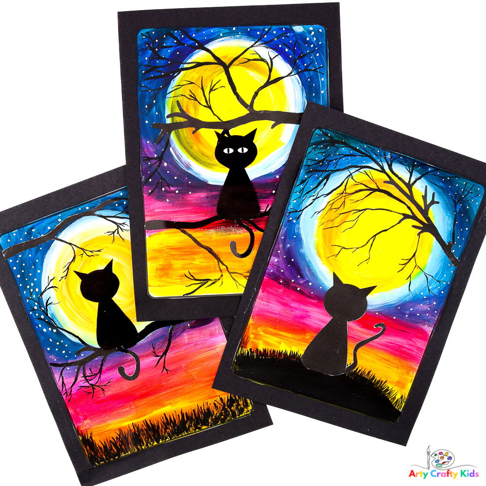 Halloween black cat silhouette art an easy painting idea