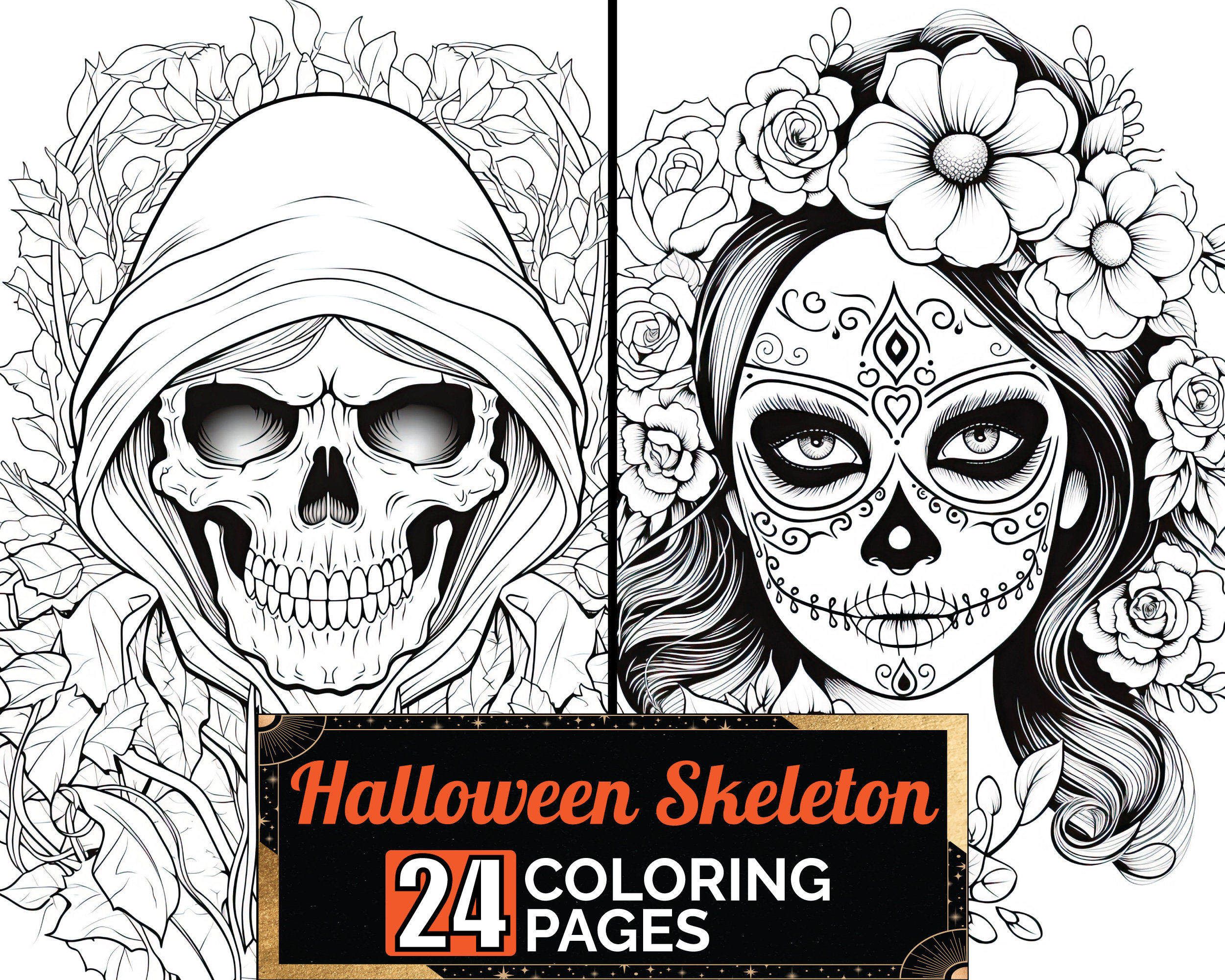 Artistic halloween skeleton coloring book premium adult kids halloween coloring pages a size sheet printable digital pdf download