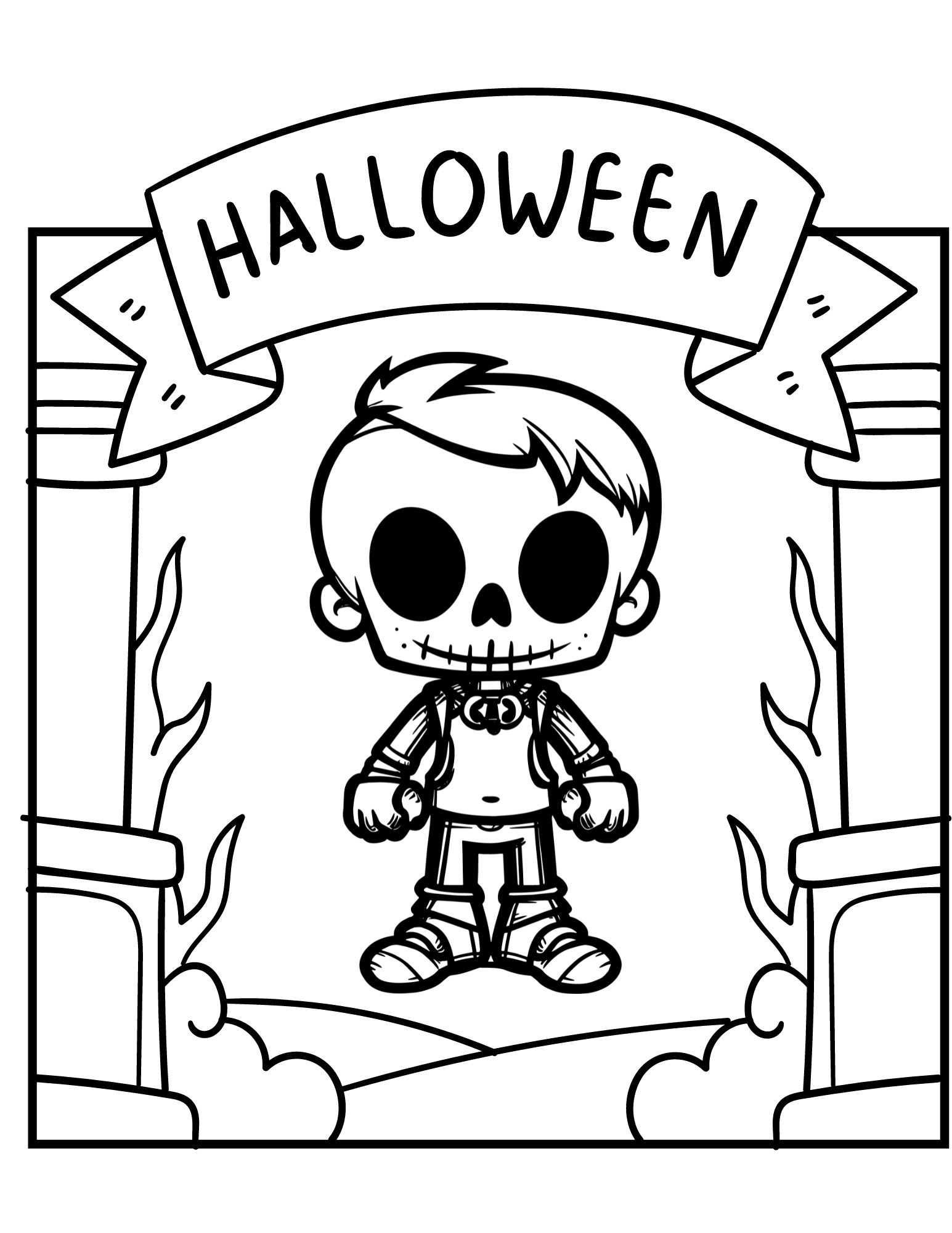 Spooky scary skeleton coloring pages for kids and adults