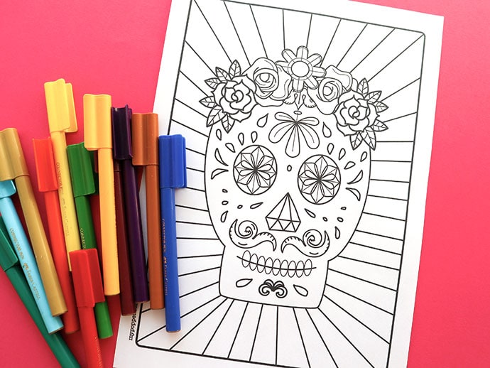 Free halloween printable day of the dead sugar skull colouring page my poppet makes