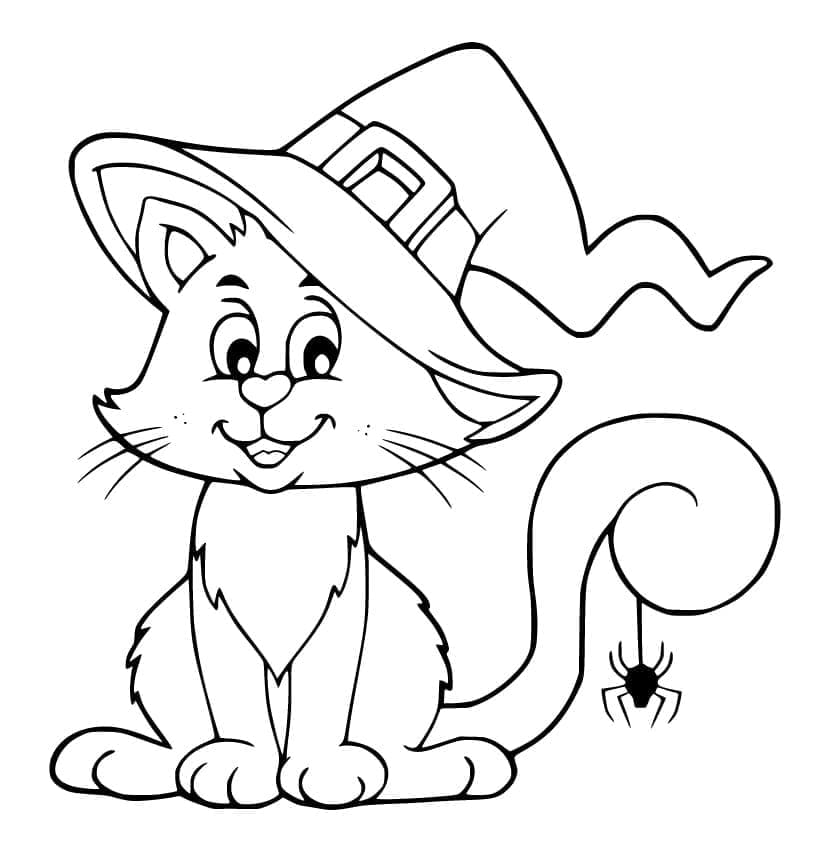 Halloween cat and spider coloring page