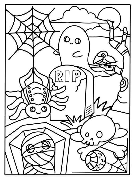 Halloween coloring pages for kids halloween party activity tombstone ghost spider mummy skull crow and full moon digital download