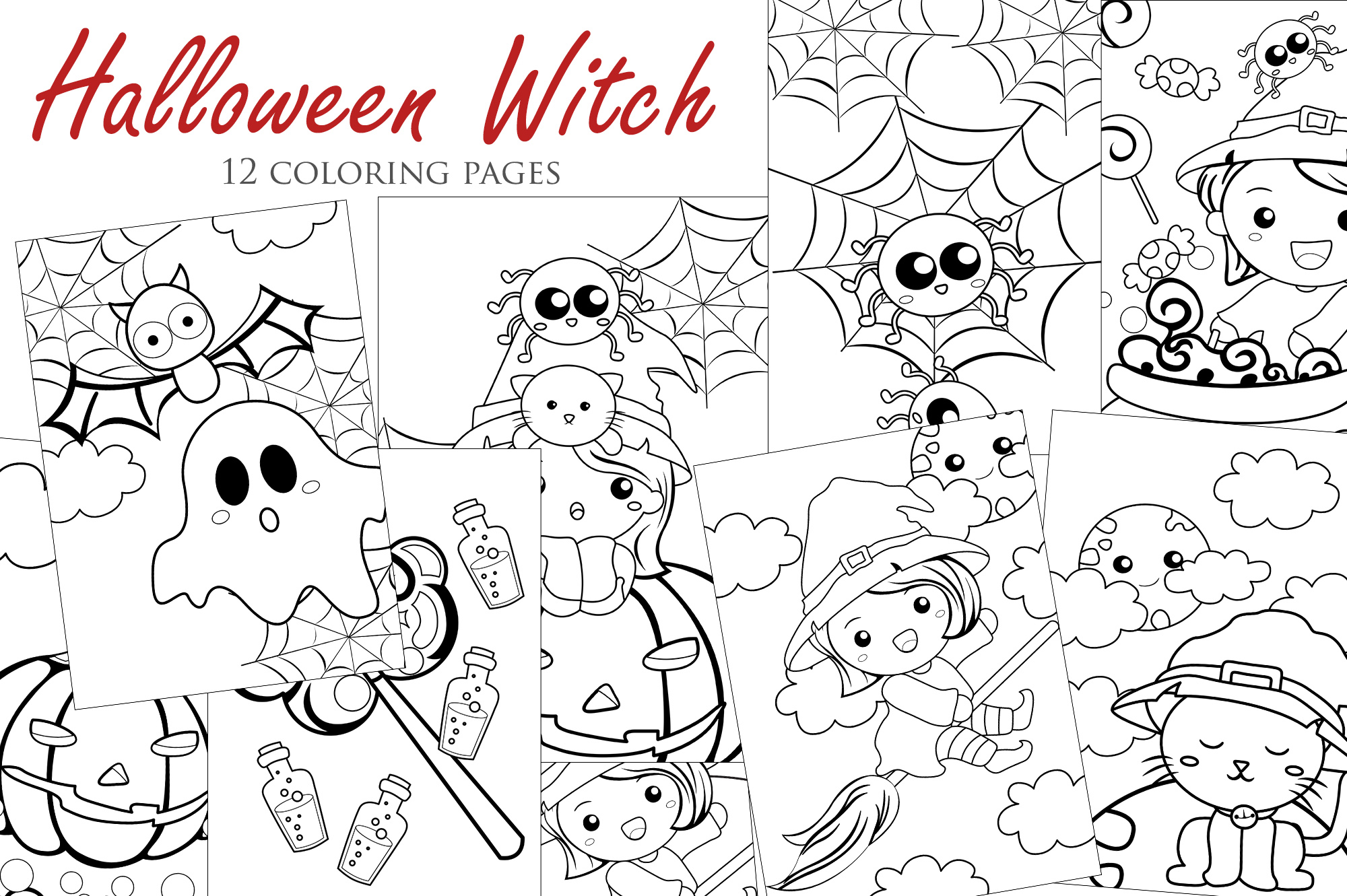 Cute girl wearing halloween witch costume for party coloring pages for kids and adult