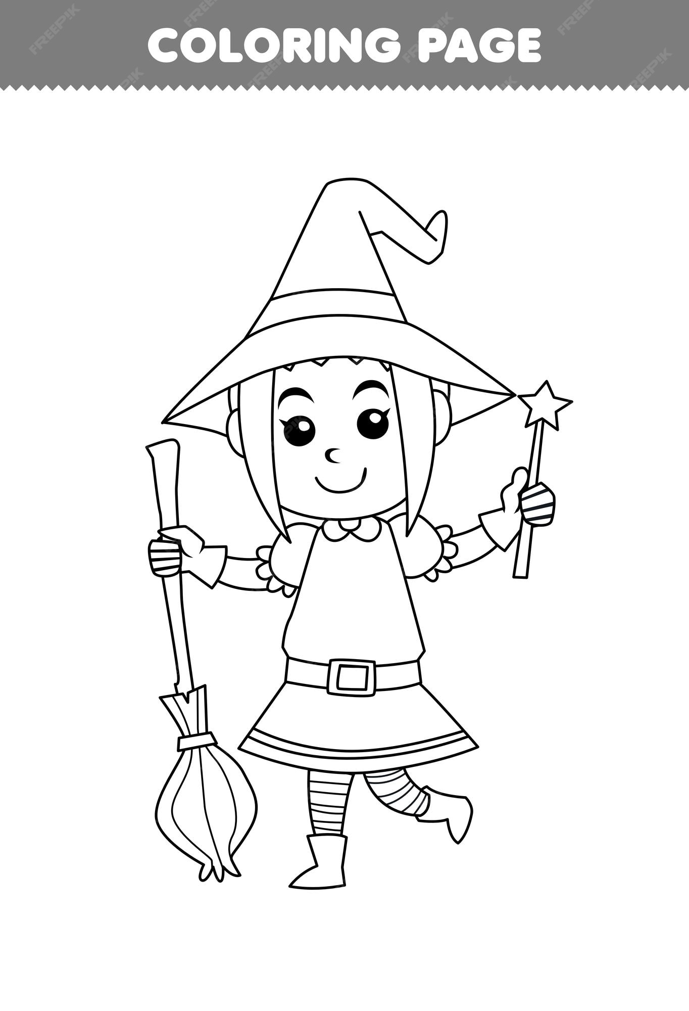 Premium vector education game for children coloring page of cute cartoon witch girl costume line art halloween printable worksheet