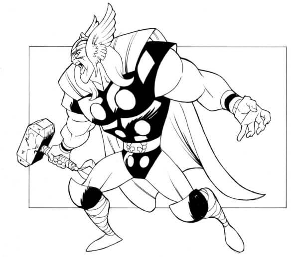 Angry thor holding hammer coloring page