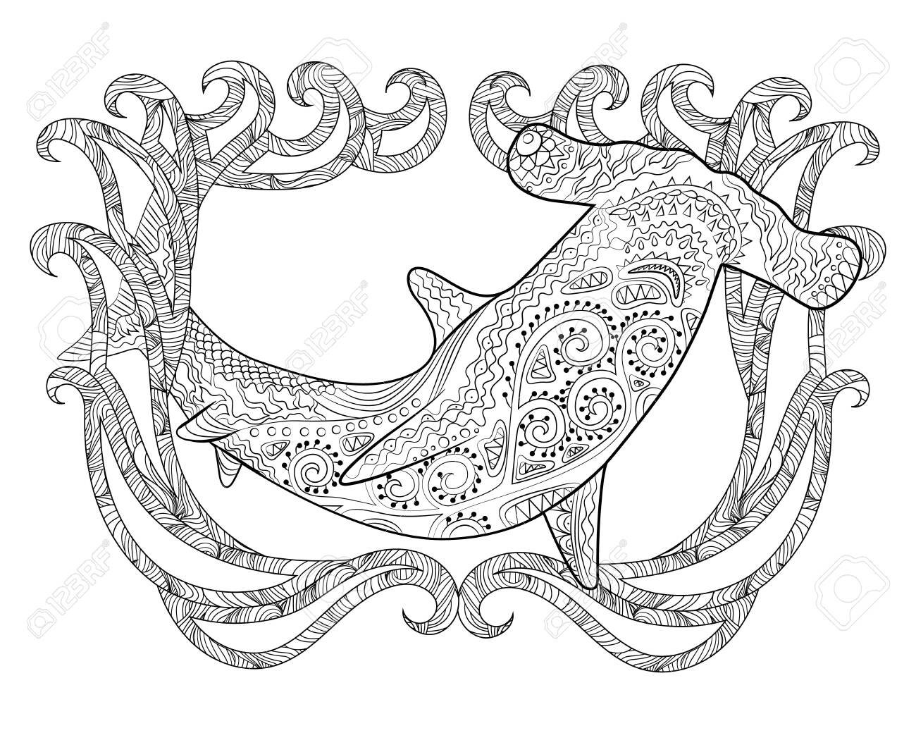 Hammerhead with high details adult antistress coloring page with shark black white hand drawn doodle oceanic animal for art therapy sketch for tattoo poster print t