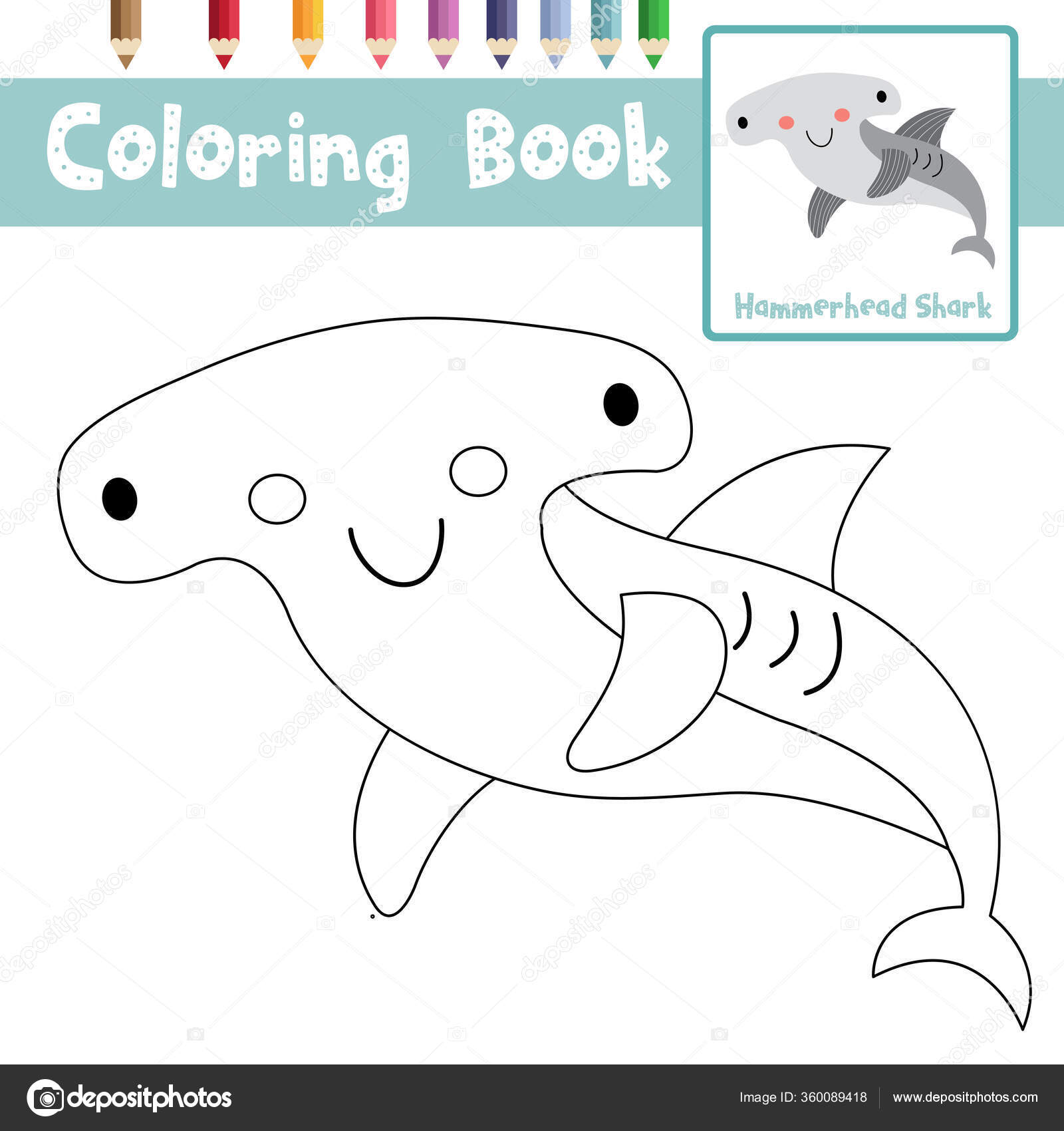 Coloring page hammerhead shark animals cartoon character preschool kids activity stock vector by natchapohn