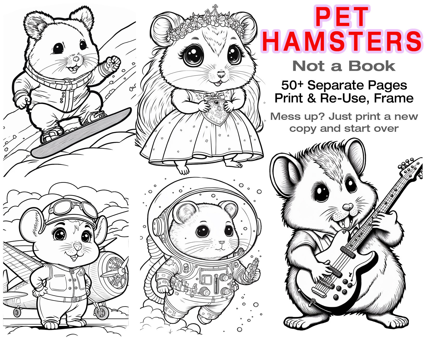 Hamster coloring pages over pages of hamsters in everyday life not a coloring book printable files immediate download