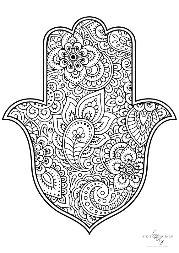 Intricate hamsa hand coloring page adults kids anxiety instant download