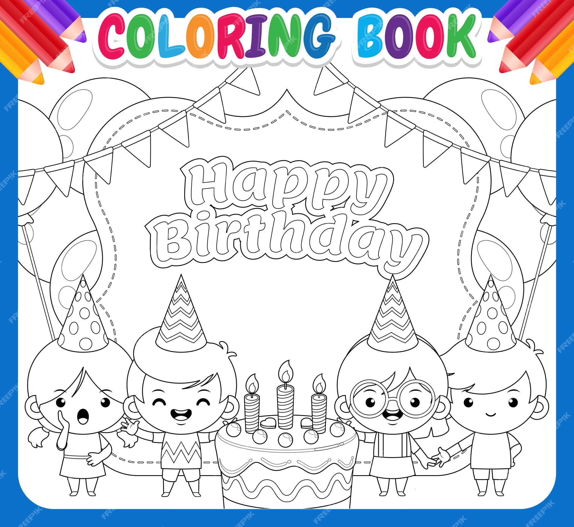 Premium vector coloring book for kids four children celebrating happy birthday banner