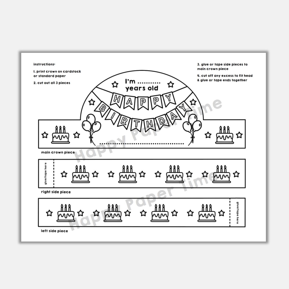 Happy birthday paper crown printable coloring craft activity template made by teachers