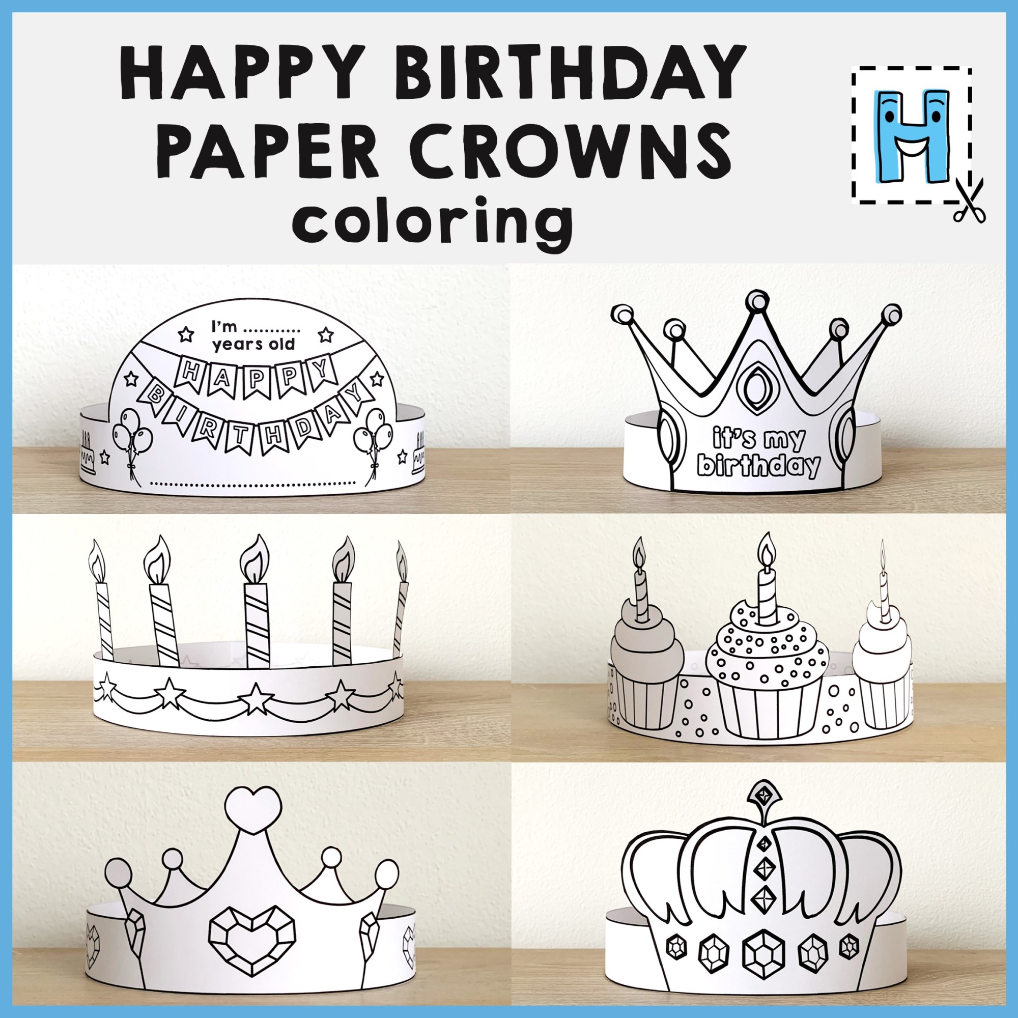 Happy birthday paper crowns headbands hats printable coloring craft made by teachers