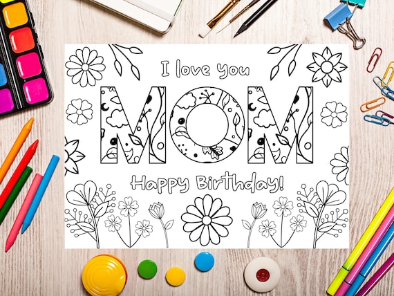 Printable coloring birthday card for mom cute mom birthday card diy gift kids craft for mom birthday instant download mom birthday cards