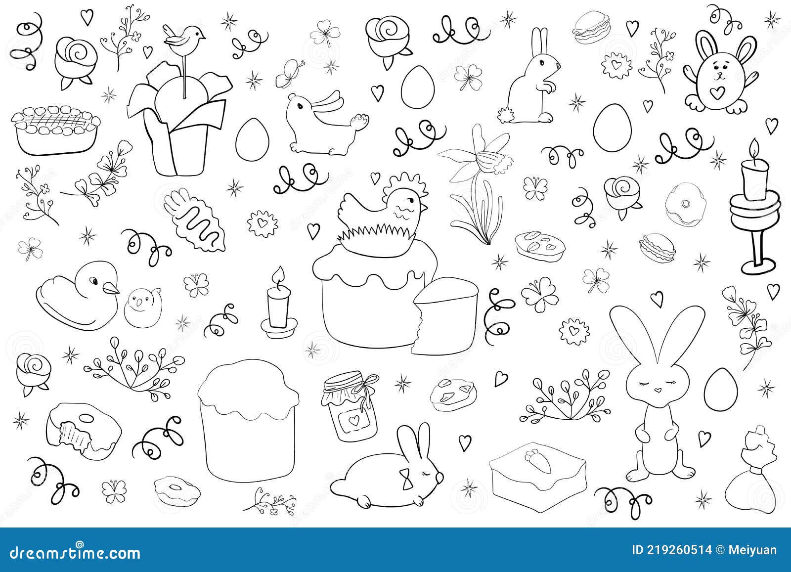 Big set happy easter festively decorated vector illustrations coloring page or book adult and kids stock vector