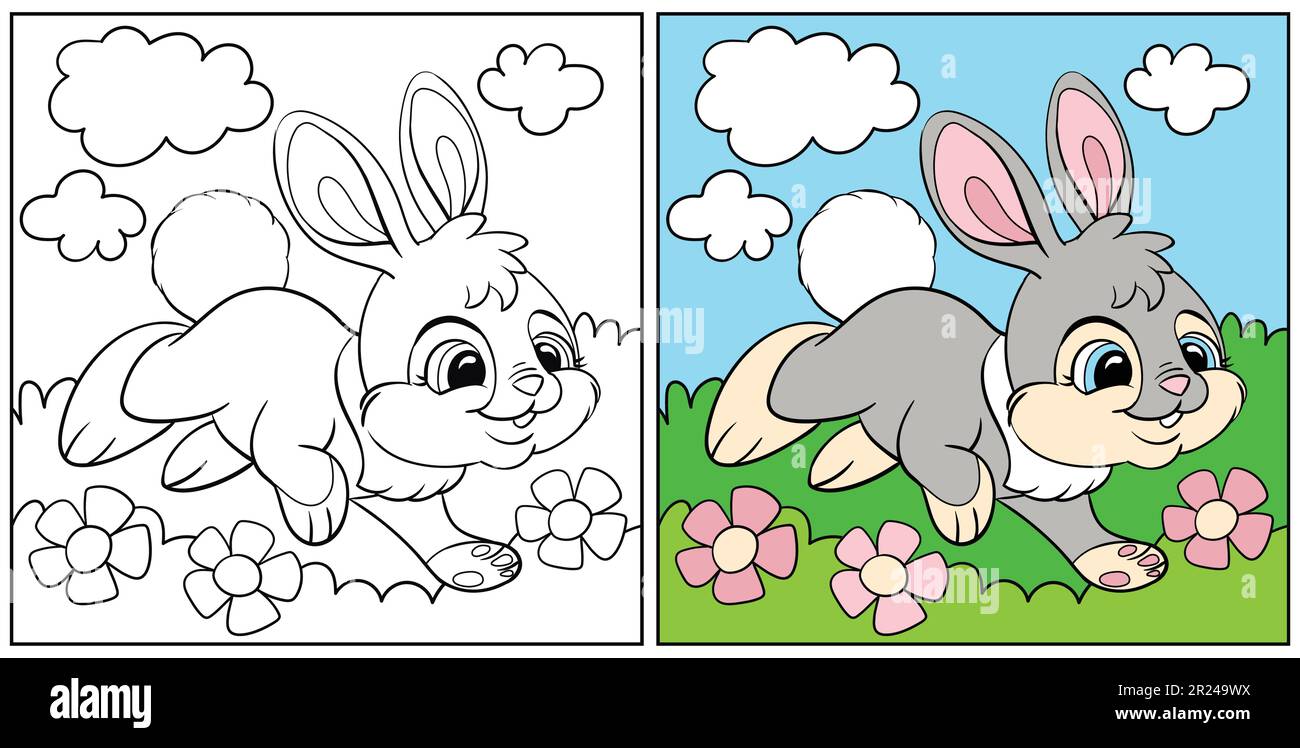 Cute happy bunny in a blooming meadow vector cartoon illustration kids coloring page with a color sample for print design poster sticker card stock vector image art