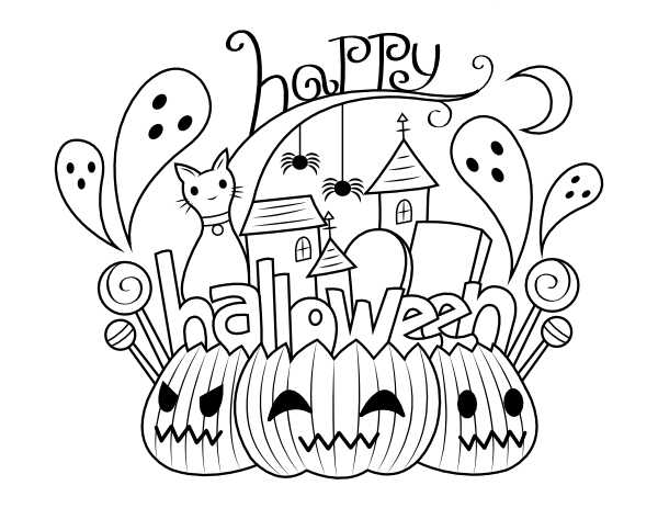 Printable detailed happy halloween coloring page