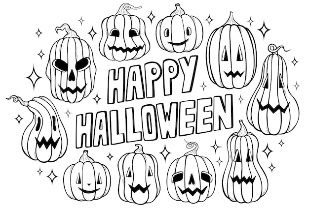 Premium vector happy halloween coloring page with spooky pumpkins hand drawn cute halloween coloring sheet vector illustration