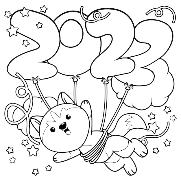 Premium vector happy new year coloring book with cute husky