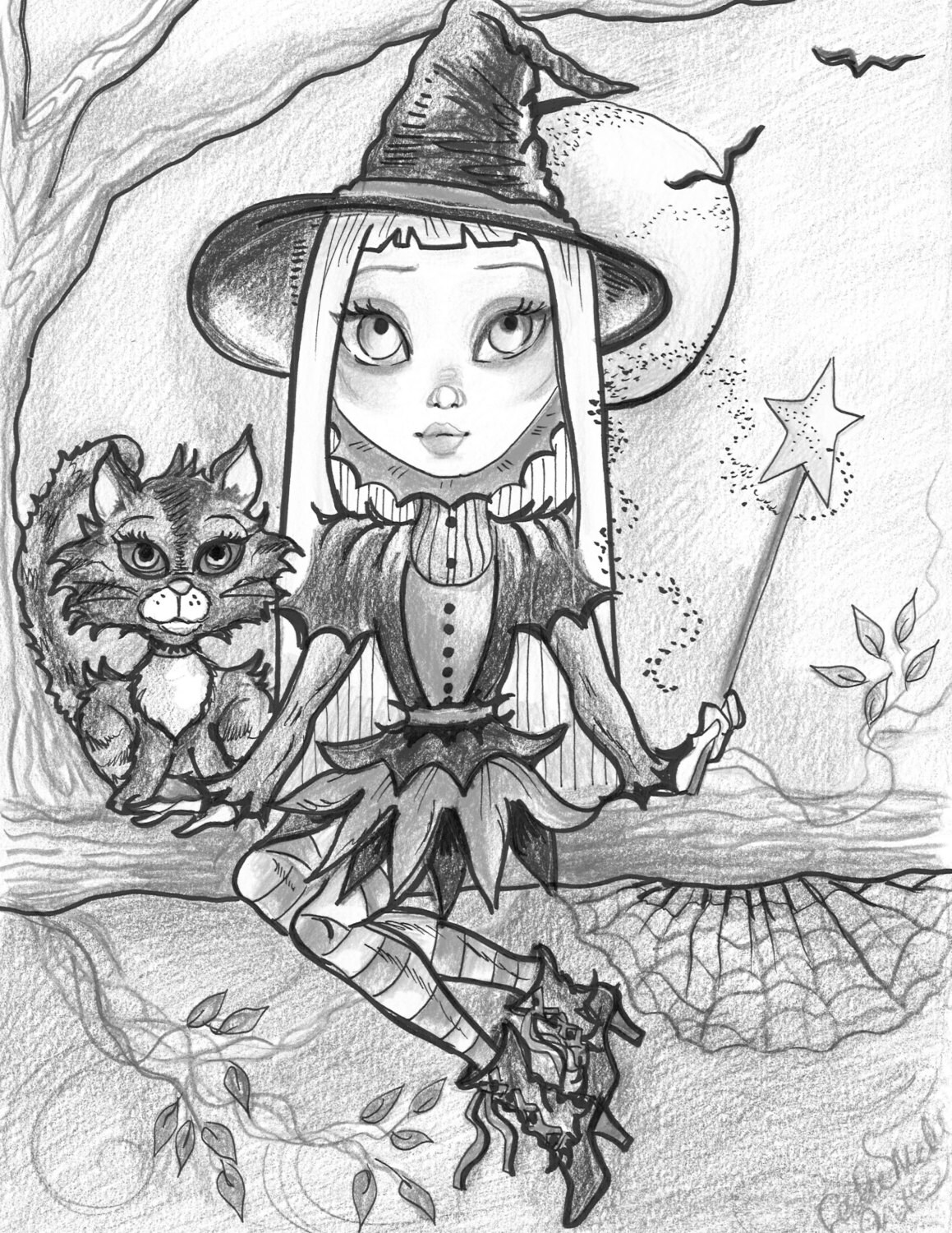 Adult coloring page grayscale coloring page printable coloring page digital download halloween fantasy art witchling by leslie mehl art