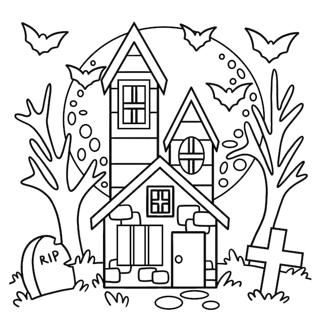 Premium vector haunted house halloween coloring page for kids