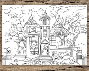 Haunted house printable adult coloring page from favoreads coloring book pages for adults and kids coloring sheets coloring designs