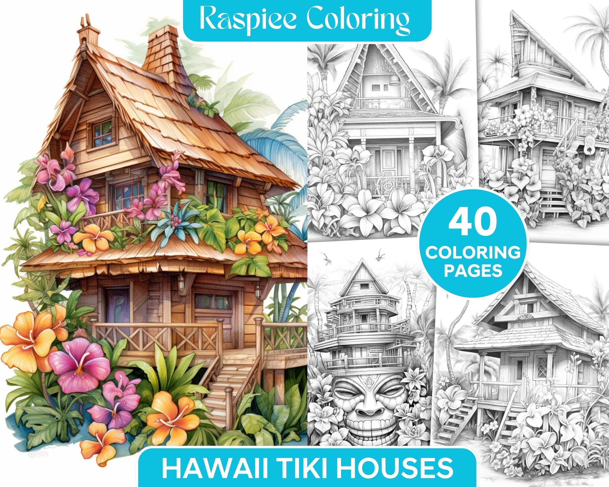 Hawaii tiki houses grayscale coloring pages printable for adults p â coloring