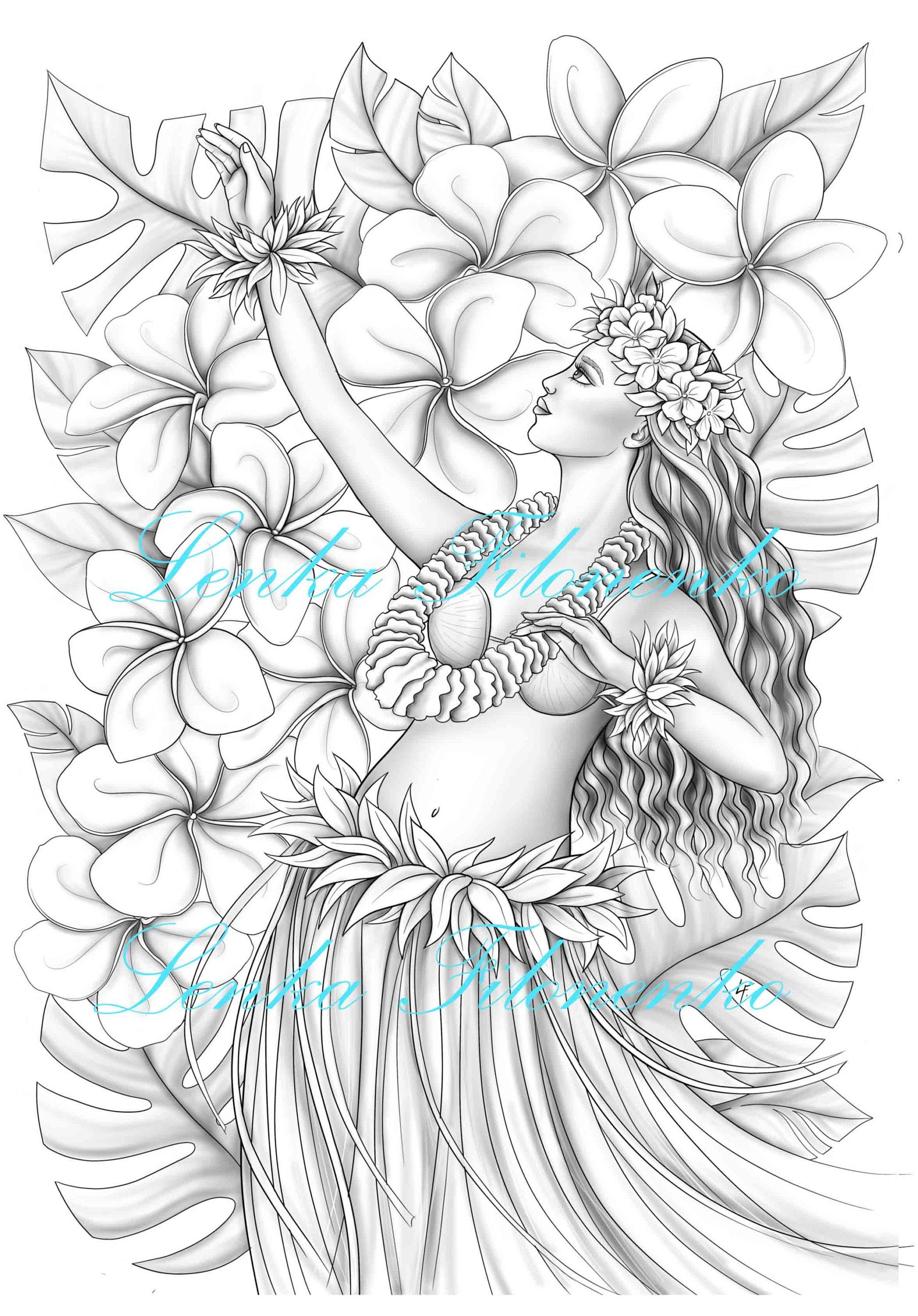 Coloring page for adults hawaii hula dancer greyscale coloring for adults pdf download and print