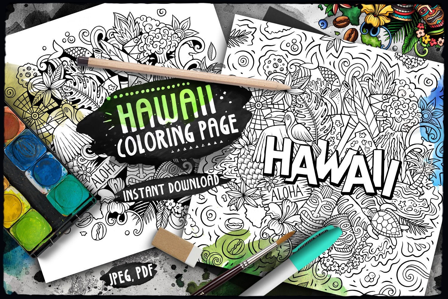 Hawaii digital coloring page hawaiian doodle illustration american island adult coloring around the world doodles aloha printable sheets