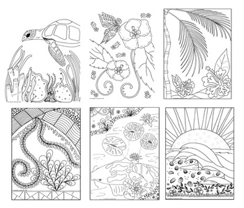 Set of hawaiian inspired coloring pages for stress relief and art