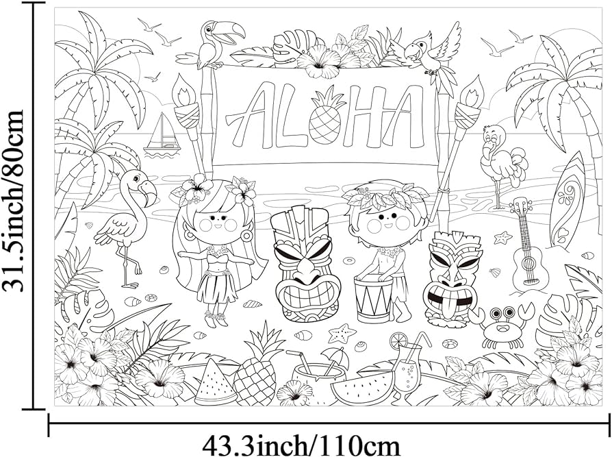 Hawaiian luau giant coloring poster for kids aloha coloring books tropical large coloring tablecloth huge coloring craft table cover for boys girls classroom home party supplies favor x inch